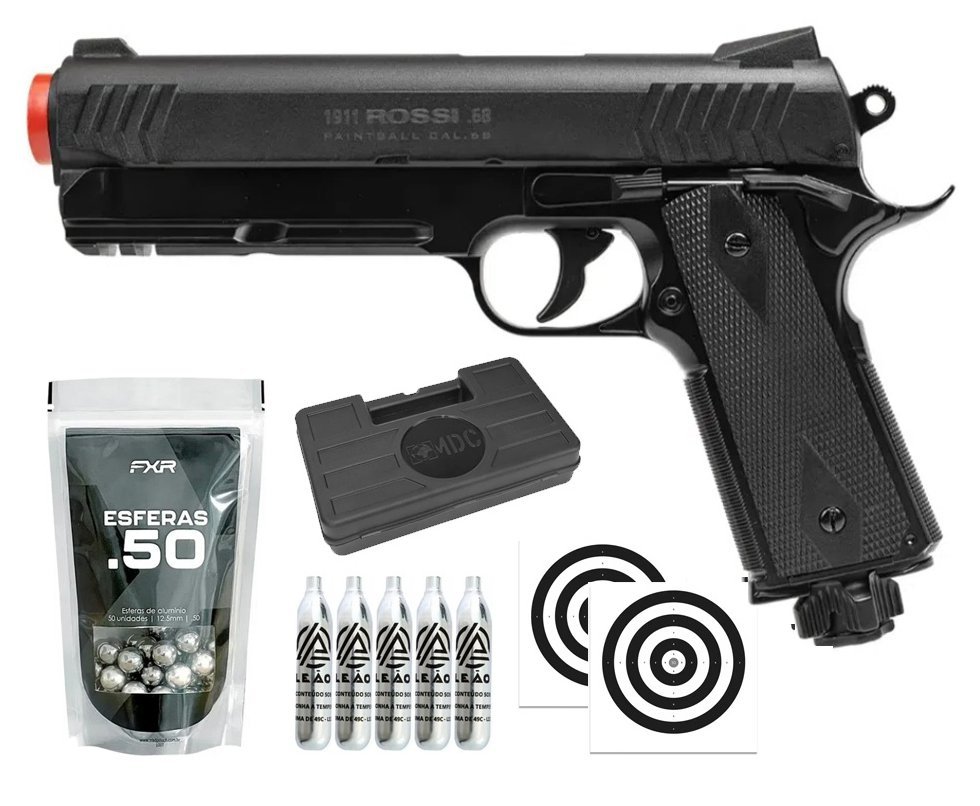 Pistola de Pressão Rossi 1911 CO2 .68 Home Defense Paintball + Co2 + Esferas de Alumínio + Case + Alvos