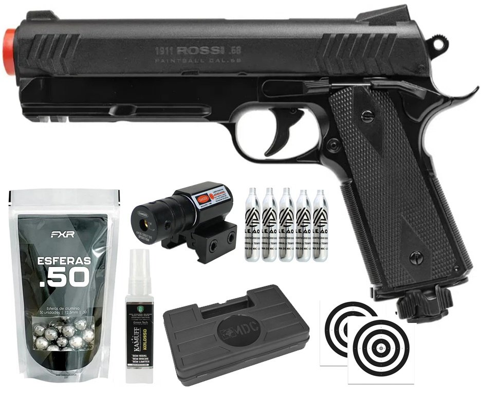 Pistola de Pressão Rossi 1911 CO2 .68 Home Defense Paintball + Co2 + Esferas de Alumínio + Case + Alvos + Laser + Kamuff