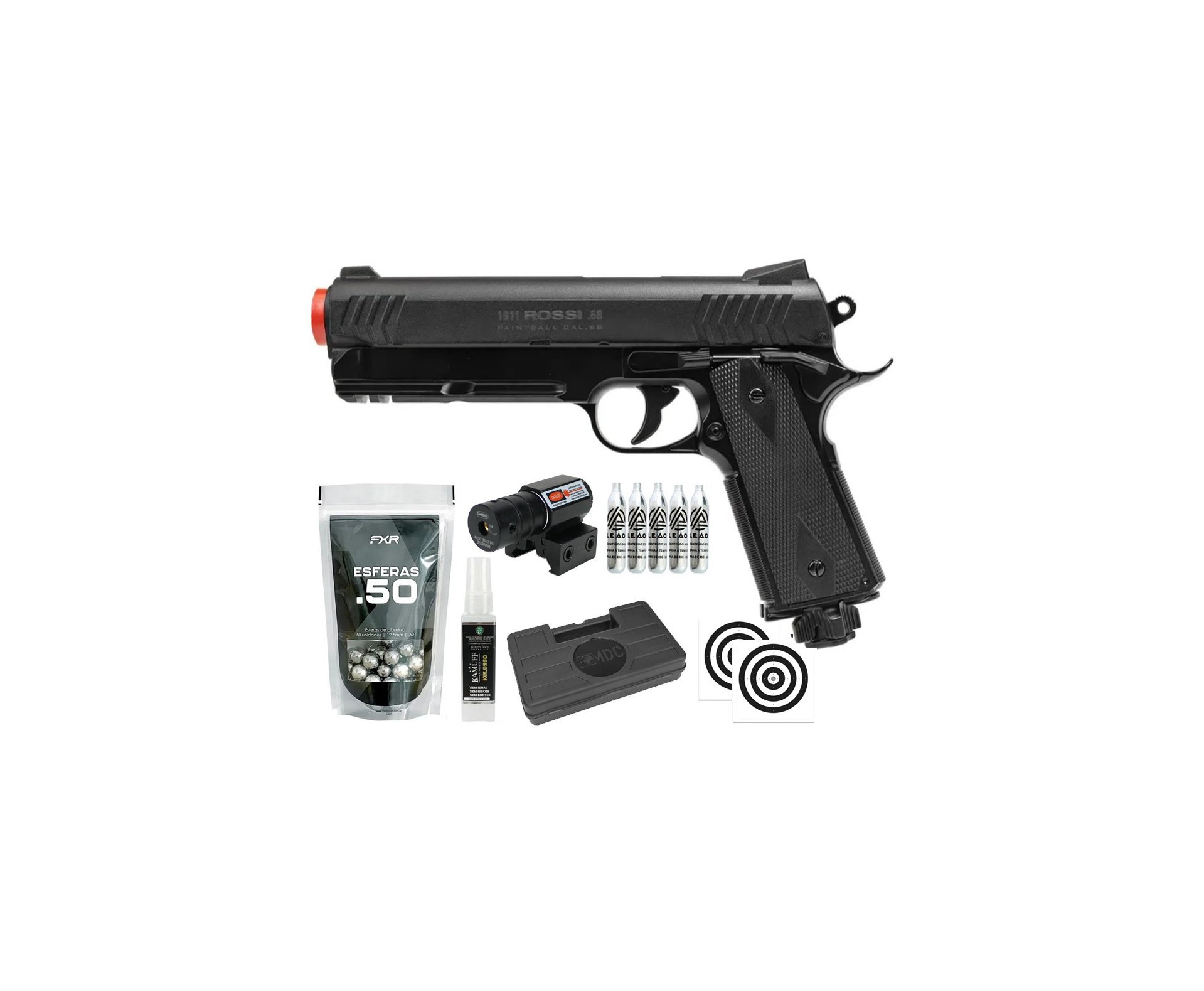 Pistola de Pressão Rossi 1911 CO2 .68 Home Defense Paintball + Co2 + Esferas de Alumínio + Case + Alvos + Laser + Kamuff