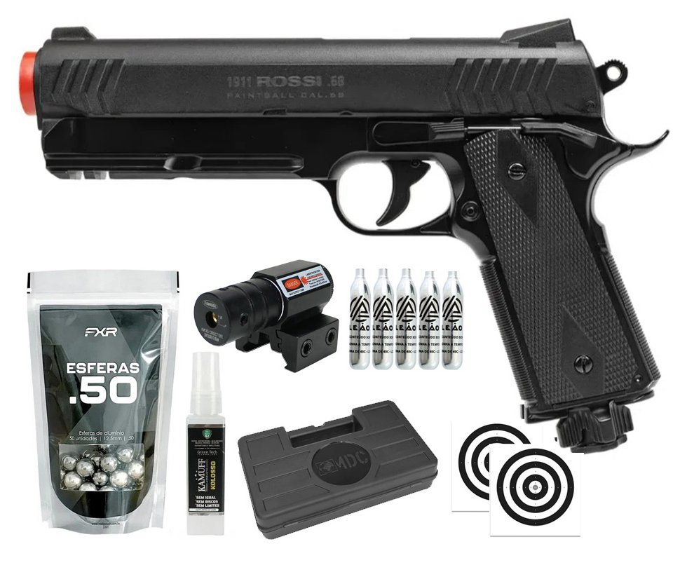 Pistola de Pressão Rossi 1911 CO2 .68 Home Defense Paintball + Co2 + Esferas de Alumínio + Case + Alvos + Laser + Kamuff