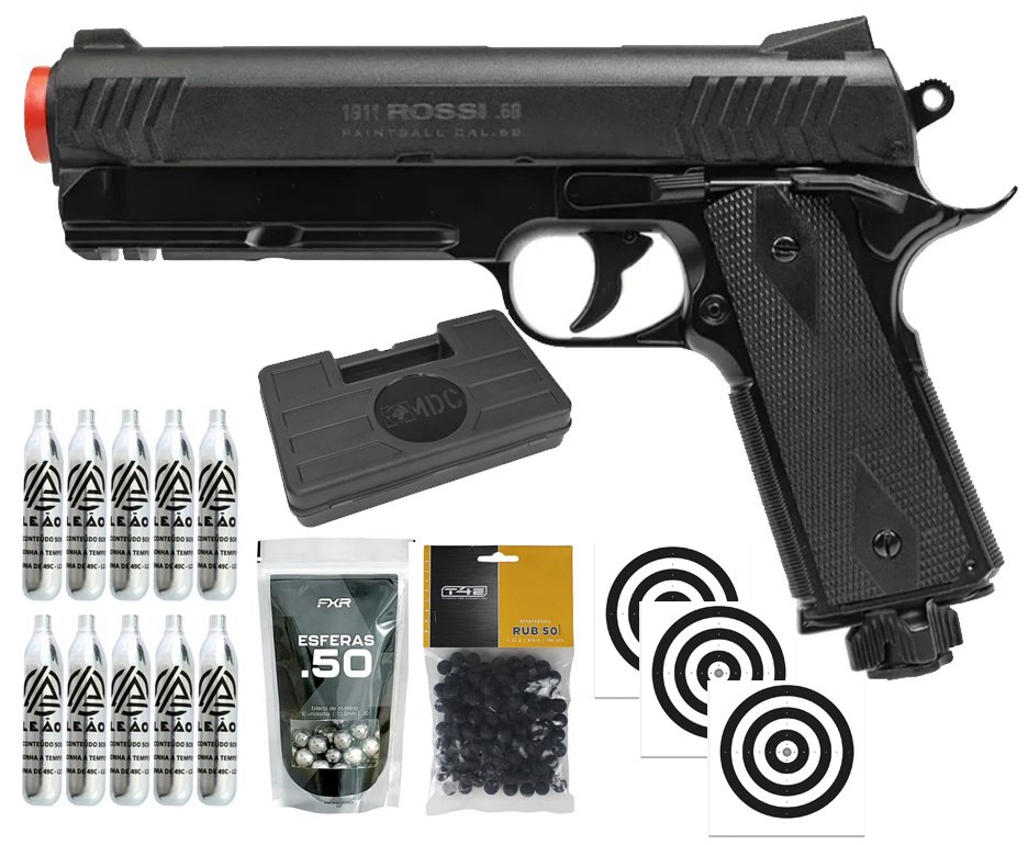 Pistola de Pressão Rossi 1911 CO2 .68 Home Defense Paintball + Co2 + Esferas de Alumínio + Esferas de Borracha + Case + Alvos