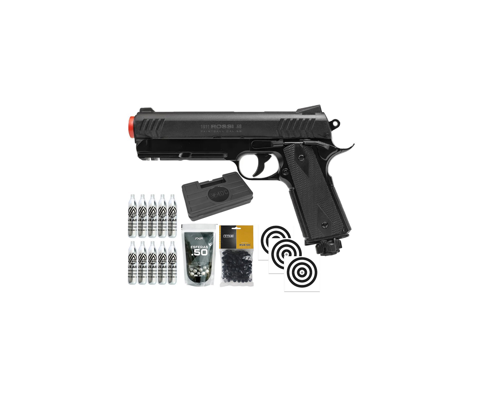 Pistola de Pressão Rossi 1911 CO2 .68 Home Defense Paintball + Co2 + Esferas de Alumínio + Esferas de Borracha + Case + Alvos