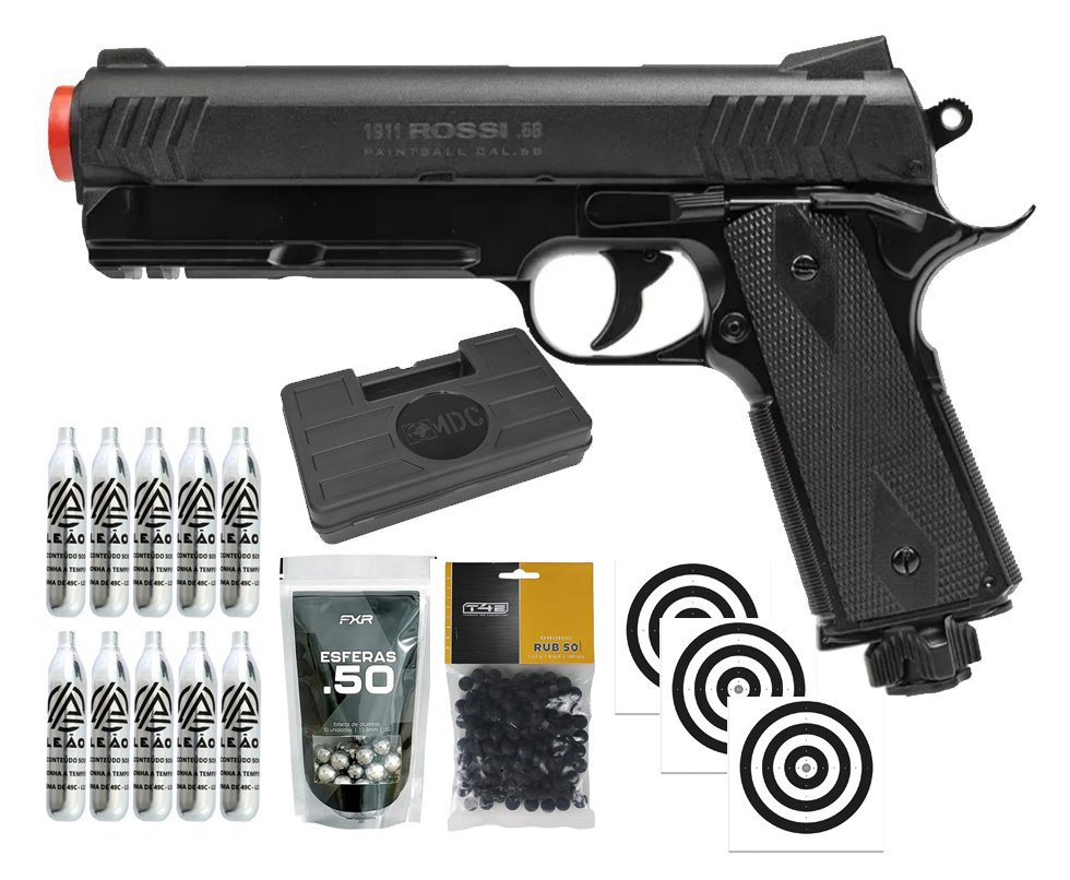 Pistola de Pressão Rossi 1911 CO2 .68 Home Defense Paintball + Co2 + Esferas de Alumínio + Esferas de Borracha + Case + Alvos