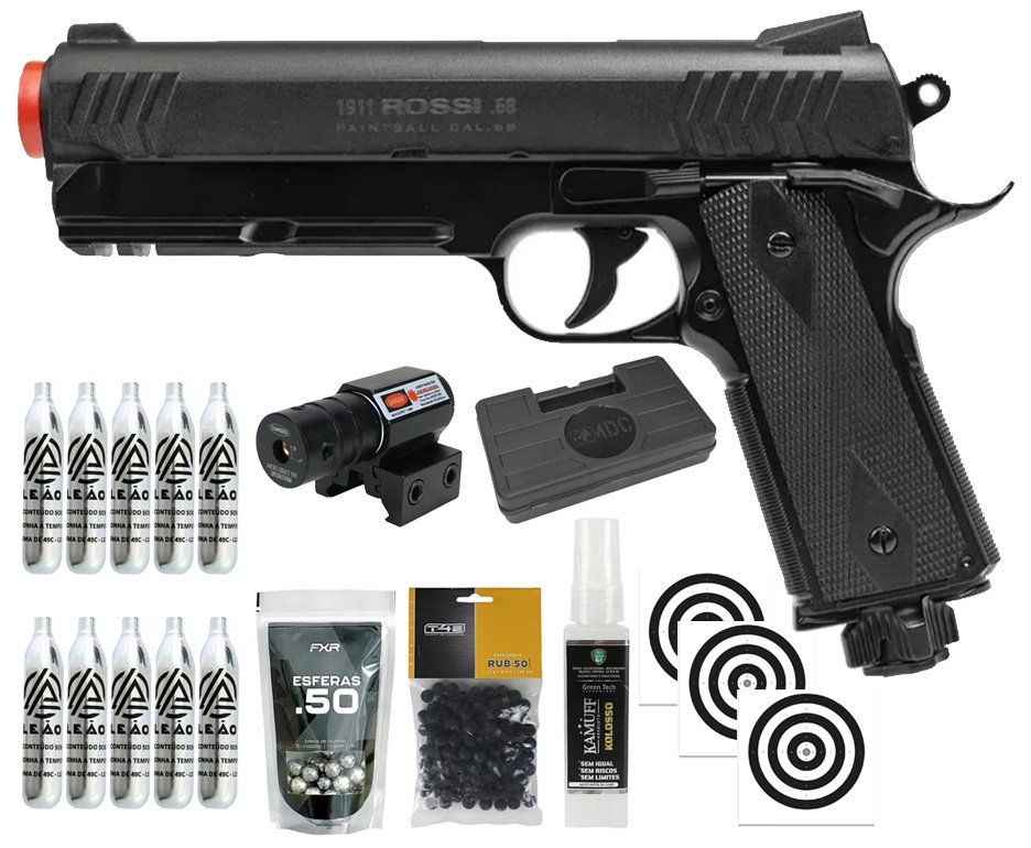 Pistola de Pressão Rossi 1911 CO2 .68 Home Defense Paintball + Co2 + Esferas de Alumínio + Esferas de Borracha + Case + Alvos + Laser + Kamuff