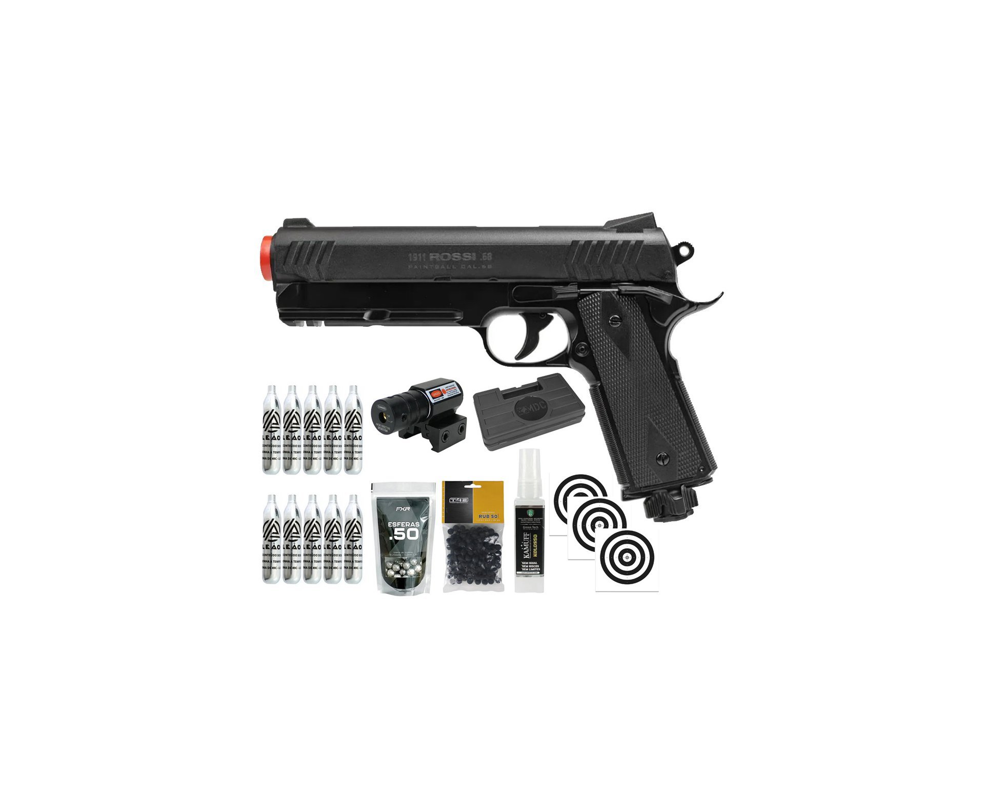 Pistola de Pressão Rossi 1911 CO2 .68 Home Defense Paintball + Co2 + Esferas de Alumínio + Esferas de Borracha + Case + Alvos + Laser + Kamuff