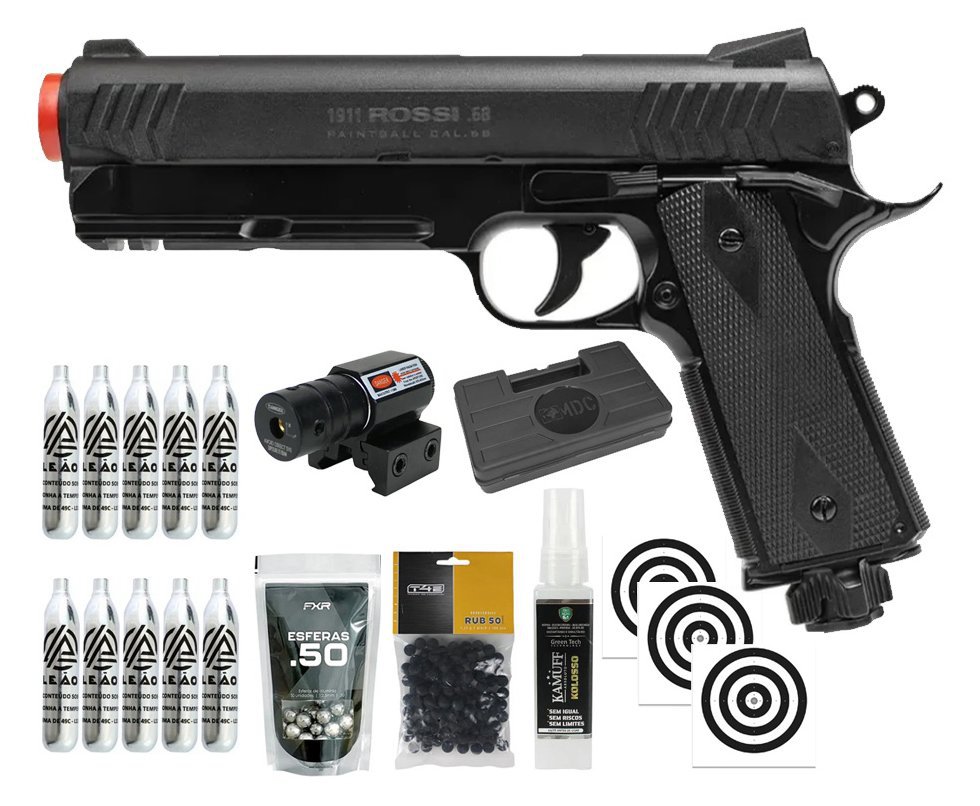 Pistola de Pressão Rossi 1911 CO2 .68 Home Defense Paintball + Co2 + Esferas de Alumínio + Esferas de Borracha + Case + Alvos + Laser + Kamuff