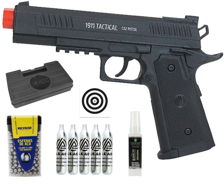 Pistola de Pressão CO2 Rossi 1911 Tatical 4,5mm + Co2 + BBS + Case + Alvos + Laser + Kamuff