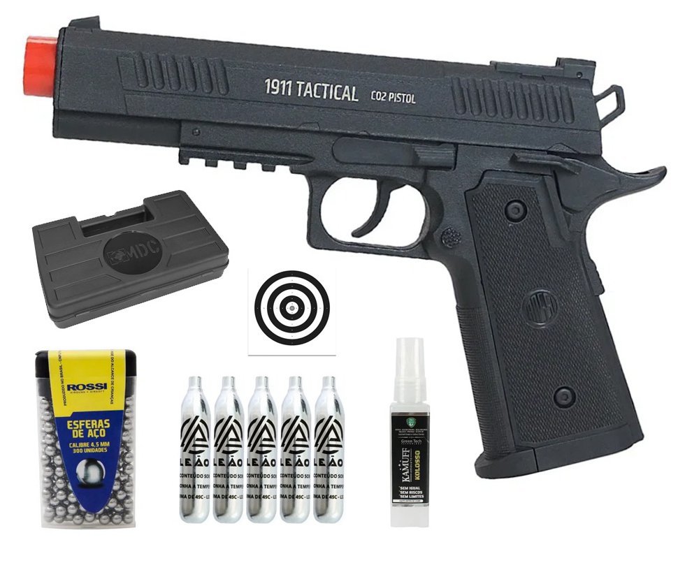 Pistola de Pressão CO2 Rossi 1911 Tatical 4,5mm + Co2 + BBS + Case + Alvos + Laser + Kamuff