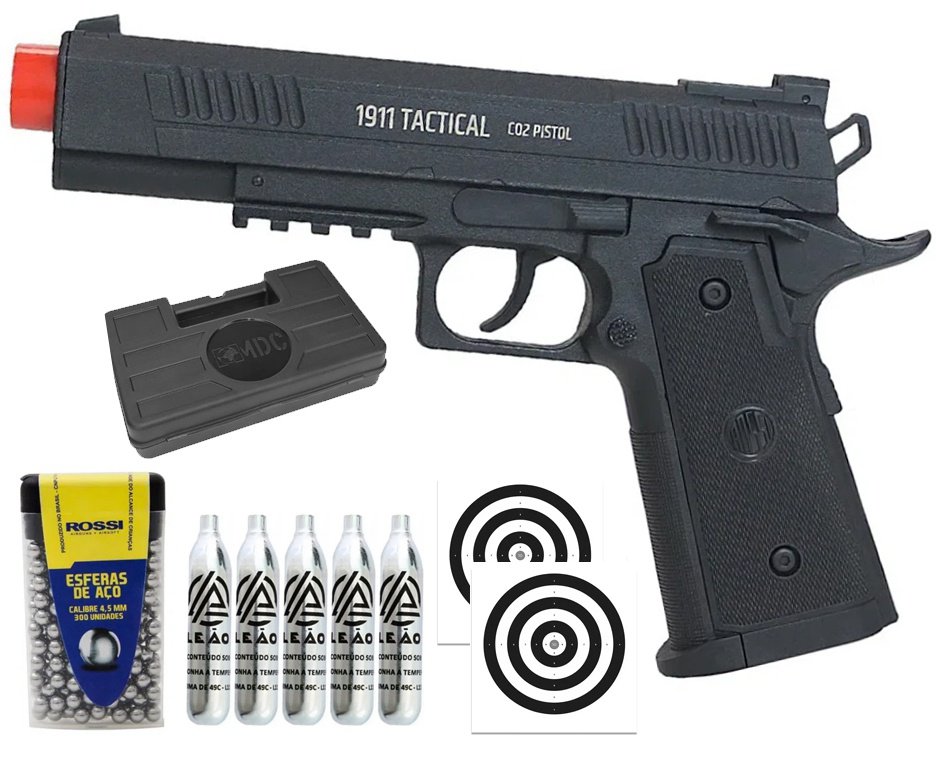 Pistola de Pressão CO2 Rossi 1911 Tatical CO2 6,0mm + Co2 + BBS + Case + Alvos