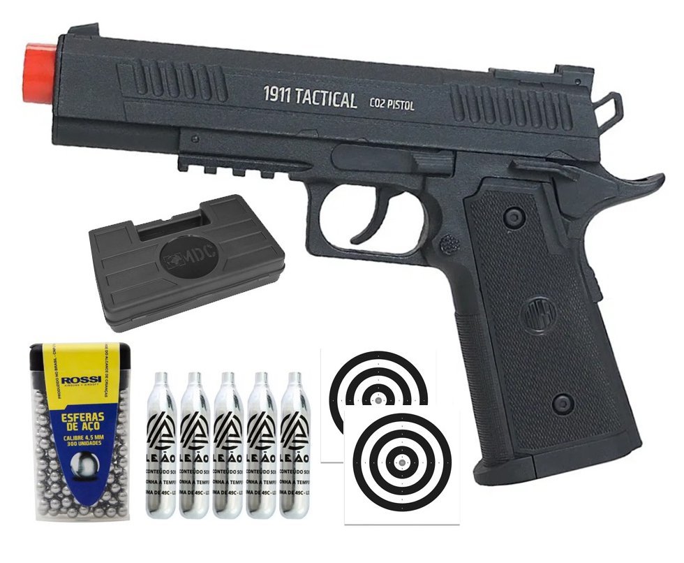 Pistola de Pressão CO2 Rossi 1911 Tatical CO2 6,0mm + Co2 + BBS + Case + Alvos