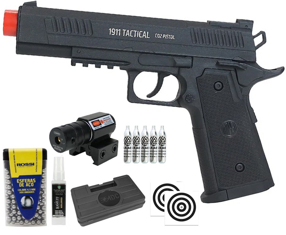 Pistola de Pressão CO2 Rossi 1911 Tatical CO2 6,0mm + Co2 + BBS + Case + Alvos + Laser + Kamuff