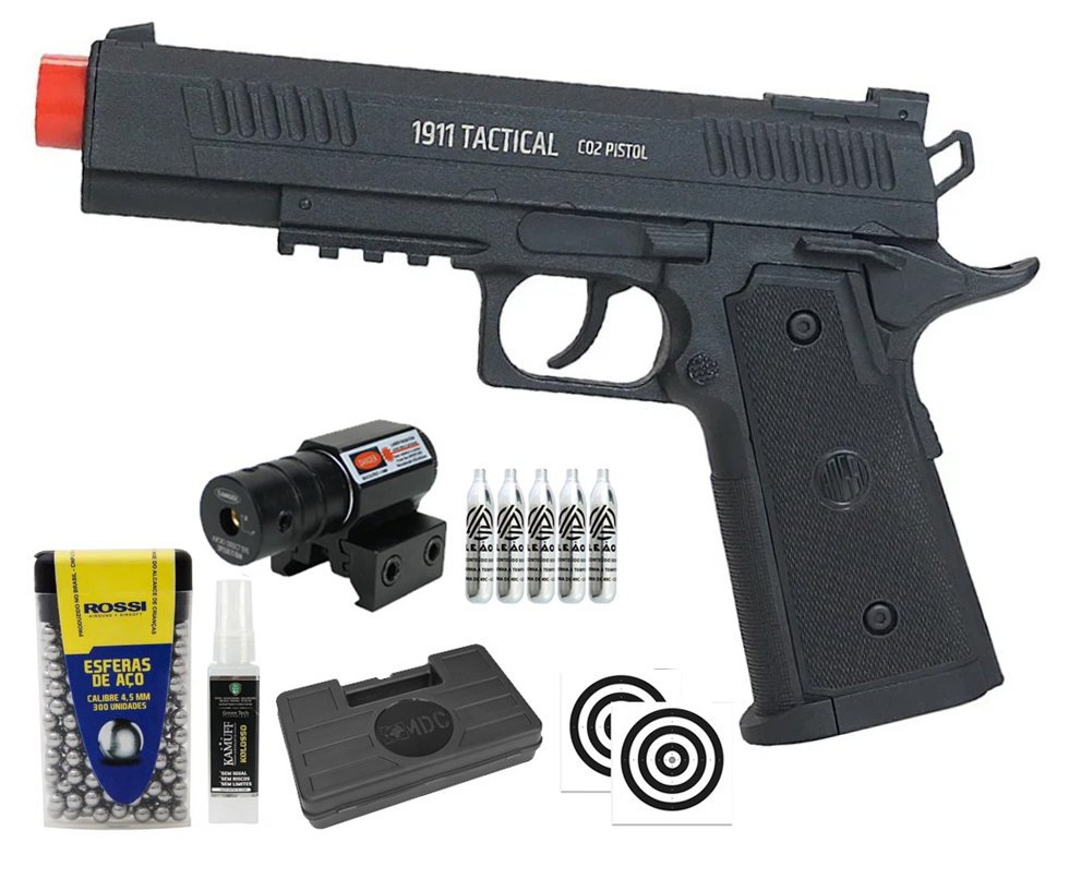 Pistola de Pressão CO2 Rossi 1911 Tatical CO2 6,0mm + Co2 + BBS + Case + Alvos + Laser + Kamuff