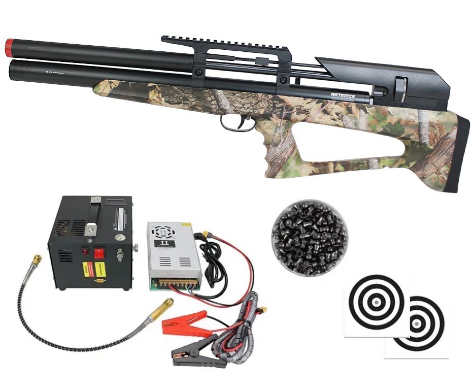 Carabina Pressão PCP P35 CAMO Artemis Bull PUP 5.5 + Compressor Portátil Trivolt Compact + Chumbos + Alvos