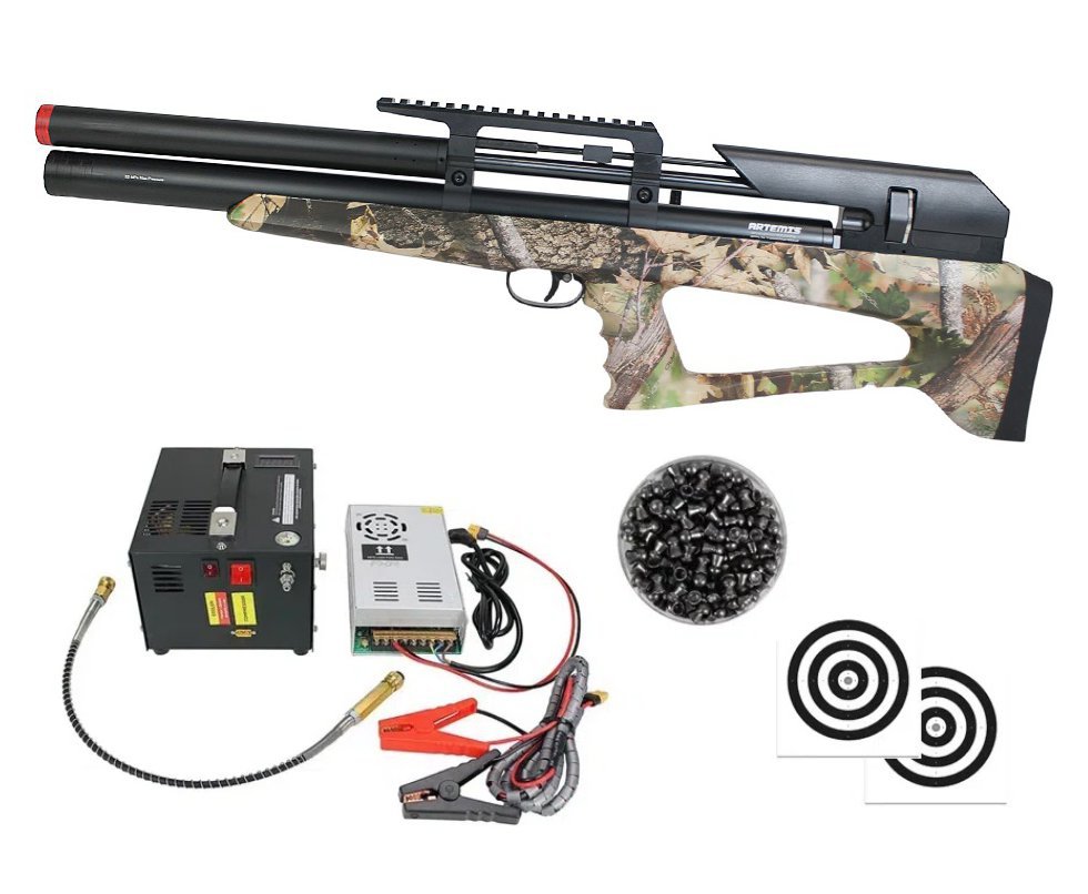 Carabina Pressão PCP P35 CAMO Artemis Bull PUP 5.5 + Compressor Portátil Trivolt Compact + Chumbos + Alvos