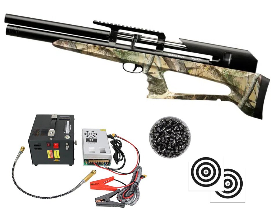 Carabina Pressão PCP P35 CAMO Artemis Bull PUP 5.5 + Compressor Portátil Trivolt Compact + Chumbos + Alvos