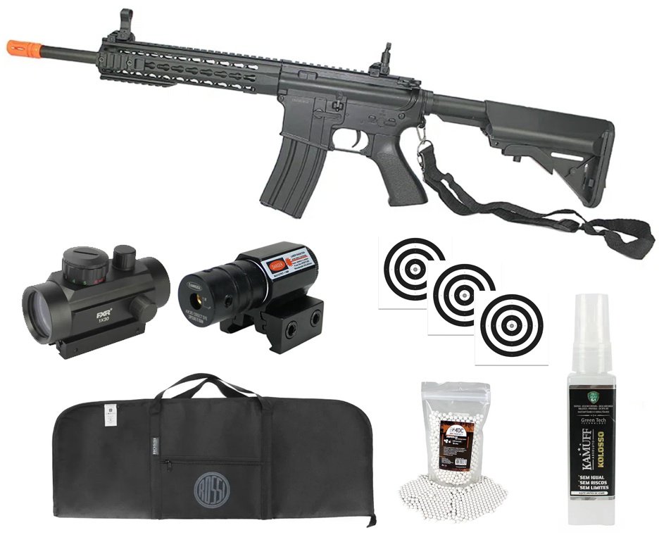 Rifle De Airsoft M4a1 Ris Black Cal 6mm - Bivolt - Cm515 - Cyma + Capa + BBS + Red Dot + Alvos + Laser + Kamuff