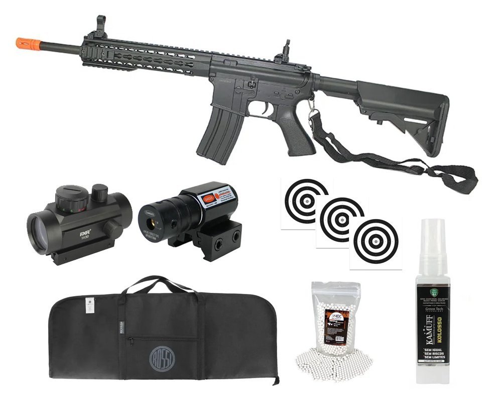Rifle De Airsoft M4a1 Ris Black Cal 6mm - Bivolt - Cm515 - Cyma + Capa + BBS + Red Dot + Alvos + Laser + Kamuff