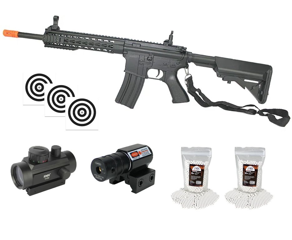 Rifle De Airsoft M4a1 Ris Black Cal 6mm - Bivolt - Cm515 - Cyma + BBS + Red Dot + Alvos + Laser