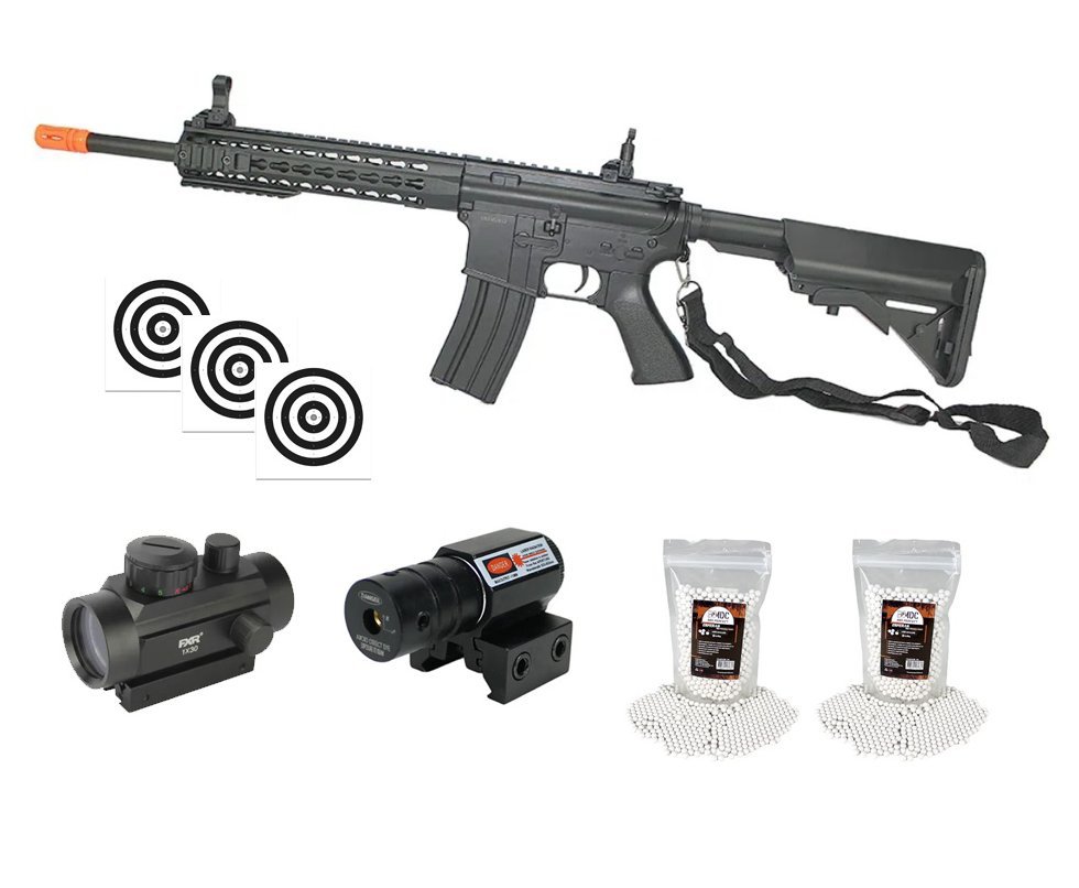 Rifle De Airsoft M4a1 Ris Black Cal 6mm - Bivolt - Cm515 - Cyma + BBS + Red Dot + Alvos + Laser