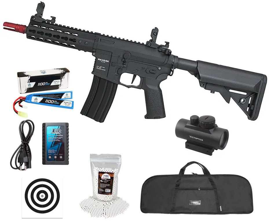 Rifle de Airsoft Neptune AR15 PWD 6,5'' AEG 6mm - Rossi + Bateria + Carregador + BBS + Capa + Red dot + Alvos