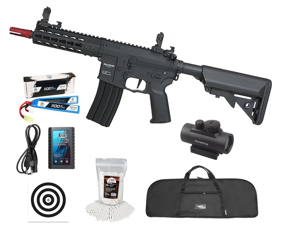 Rifle de Airsoft Neptune AR15 PWD 6,5'' AEG 6mm - Rossi + Bateria + Carregador + BBS + Capa + Red dot + Alvos