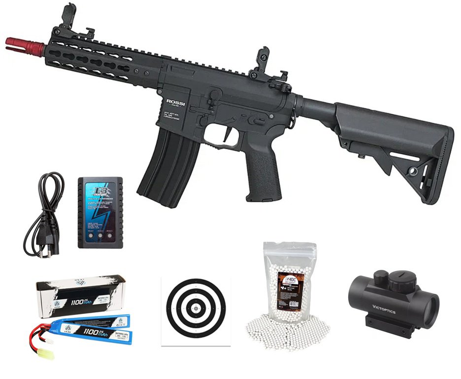Rifle de Airsoft Neptune AR15 PWD 6,5'' AEG 6mm - Rossi + Bateria + Carregador + BBS + Red dot + Alvos