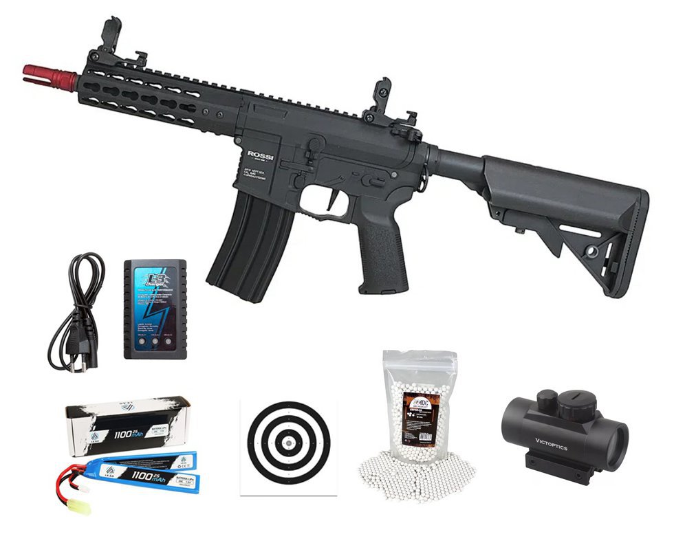 Rifle de Airsoft Neptune AR15 PWD 6,5'' AEG 6mm - Rossi + Bateria + Carregador + BBS + Red dot + Alvos