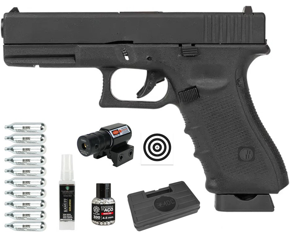 Pistola de Pressão Airgun CO2 GK G17 Blowback 4,5mm - Rossi + CO2 + BBS + Case + Alvos + Laser + Kamuff