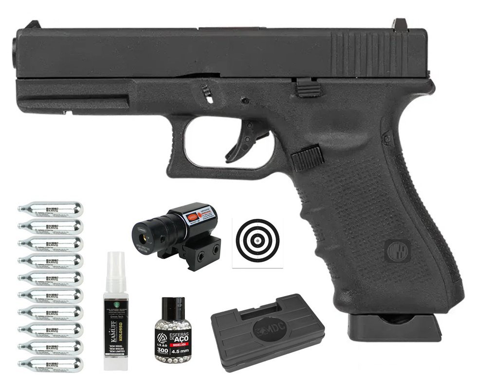 Pistola de Pressão Airgun CO2 GK G17 Blowback 4,5mm - Rossi + CO2 + BBS + Case + Alvos + Laser + Kamuff
