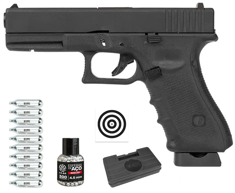 Pistola de Pressão Airgun CO2 GK G17 Blowback 4,5mm - Rossi + CO2 + BBS + Case + Alvos