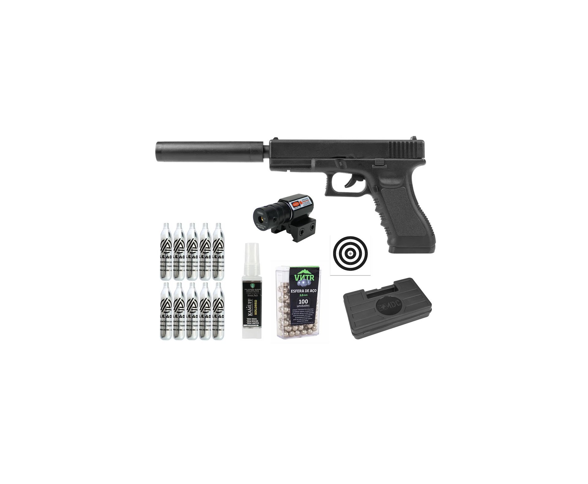 Pistola de Pressão Airgun CO2 G17 Magnum 6,0mm - Rossi + Co2 + BBS + Case + Alvos + Laser + Kamuff