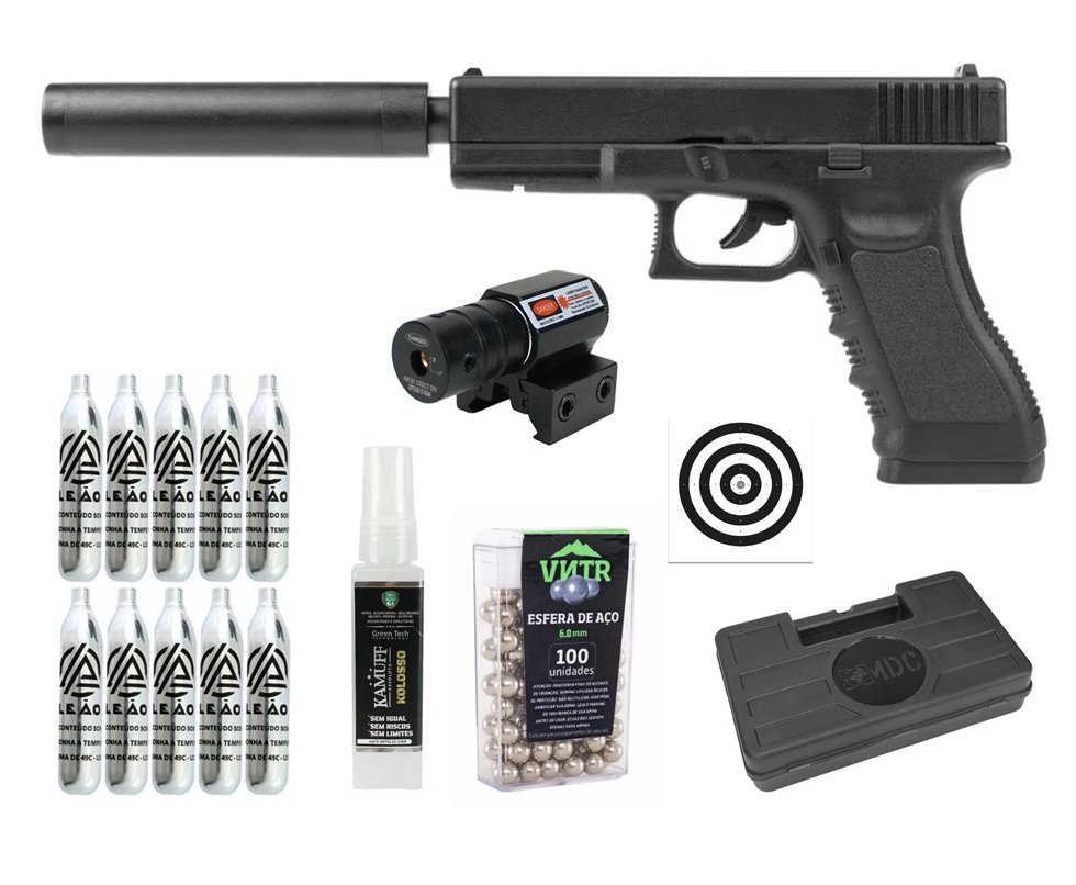 Pistola de Pressão Airgun CO2 G17 Magnum 6,0mm - Rossi + Co2 + BBS + Case + Alvos + Laser + Kamuff