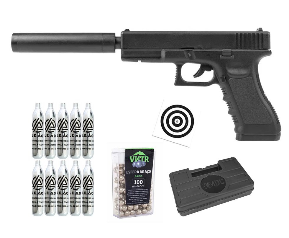 Pistola de Pressão Airgun CO2 G17 Magnum 6,0mm - Rossi + Co2 + BBS + Case + Alvos