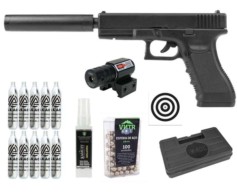 Pistola de Pressão Airgun CO2 G17 Magnum 4,5mm - Rossi + Co2 + BBS + Case + Alvos + Emissor + Kamuff