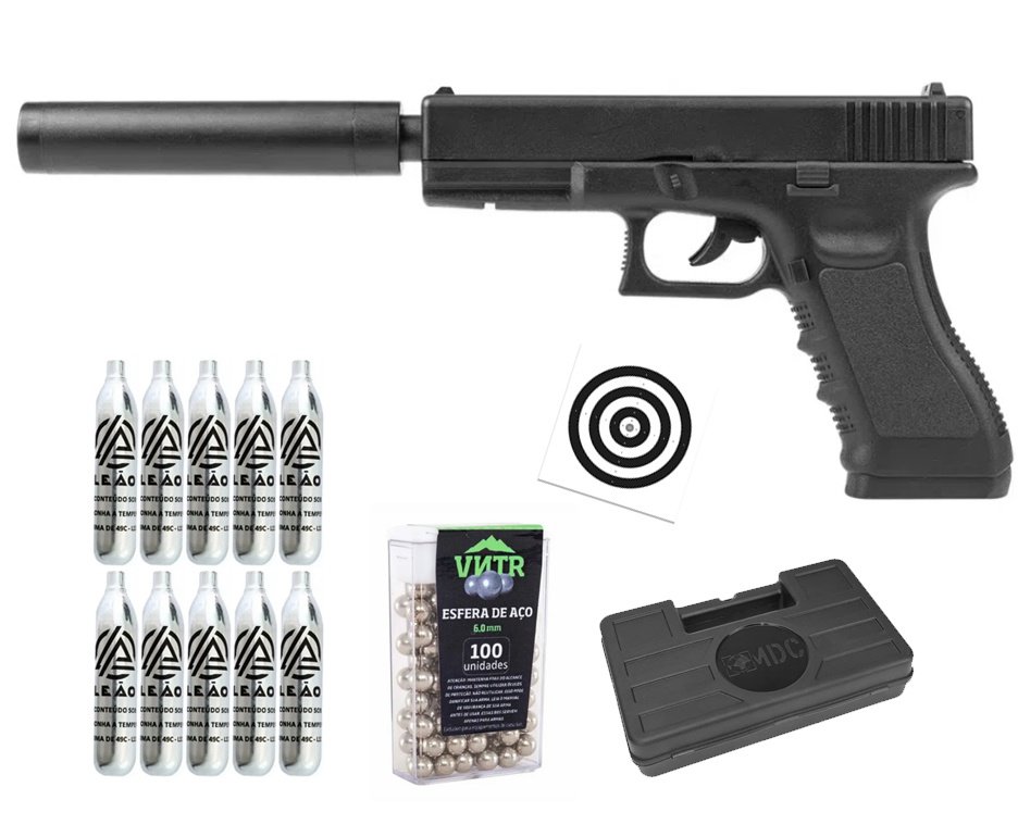 Pistola de Pressão Airgun CO2 G17 Magnum 4,5mm - Rossi + Co2 + BBS + Case + Alvos