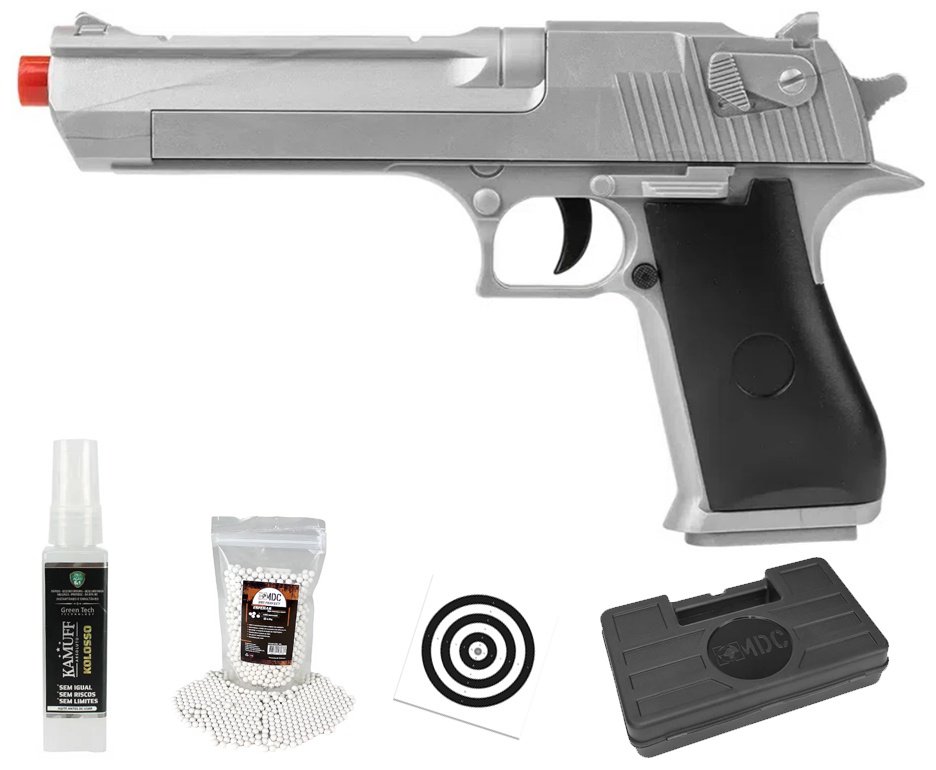 Pistola de Airsoft VG Desert Eagle Silver V30 Mola 6,0mm - Rossi + BBS + Case + Alvos + Kamuff