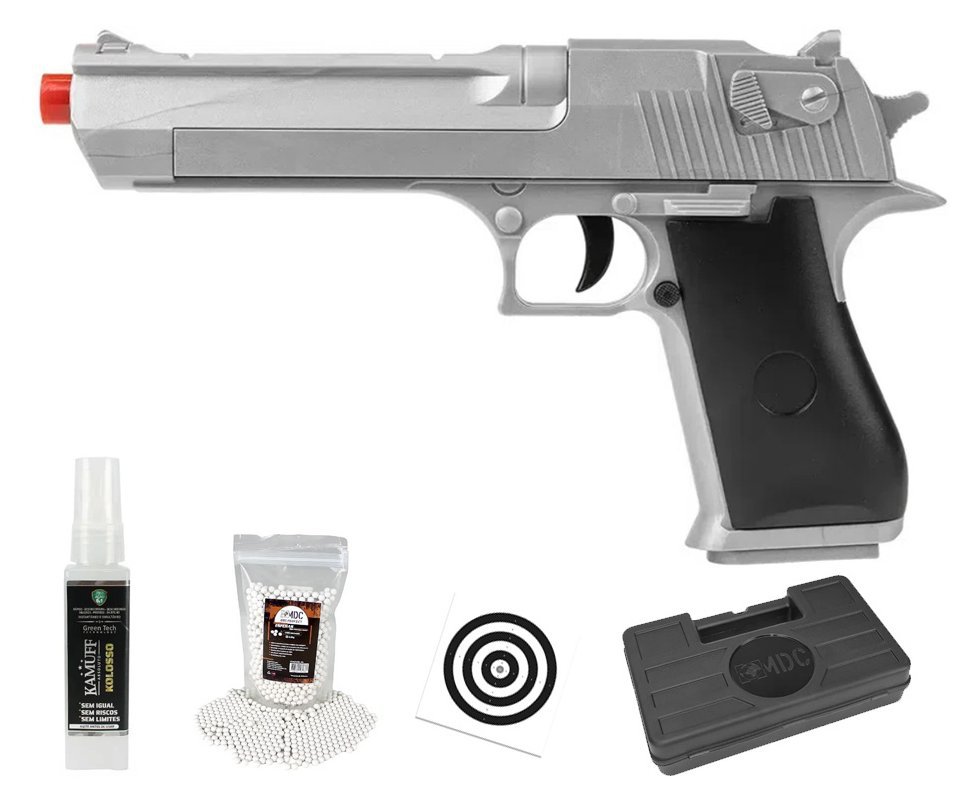 Pistola de Airsoft VG Desert Eagle Silver V30 Mola 6,0mm - Rossi + BBS + Case + Alvos + Kamuff
