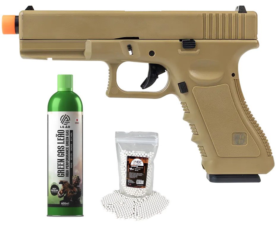 Pistola de Airsoft Green Gas V17 Tan Blowback 6mm - Rossi + GBB + BBS