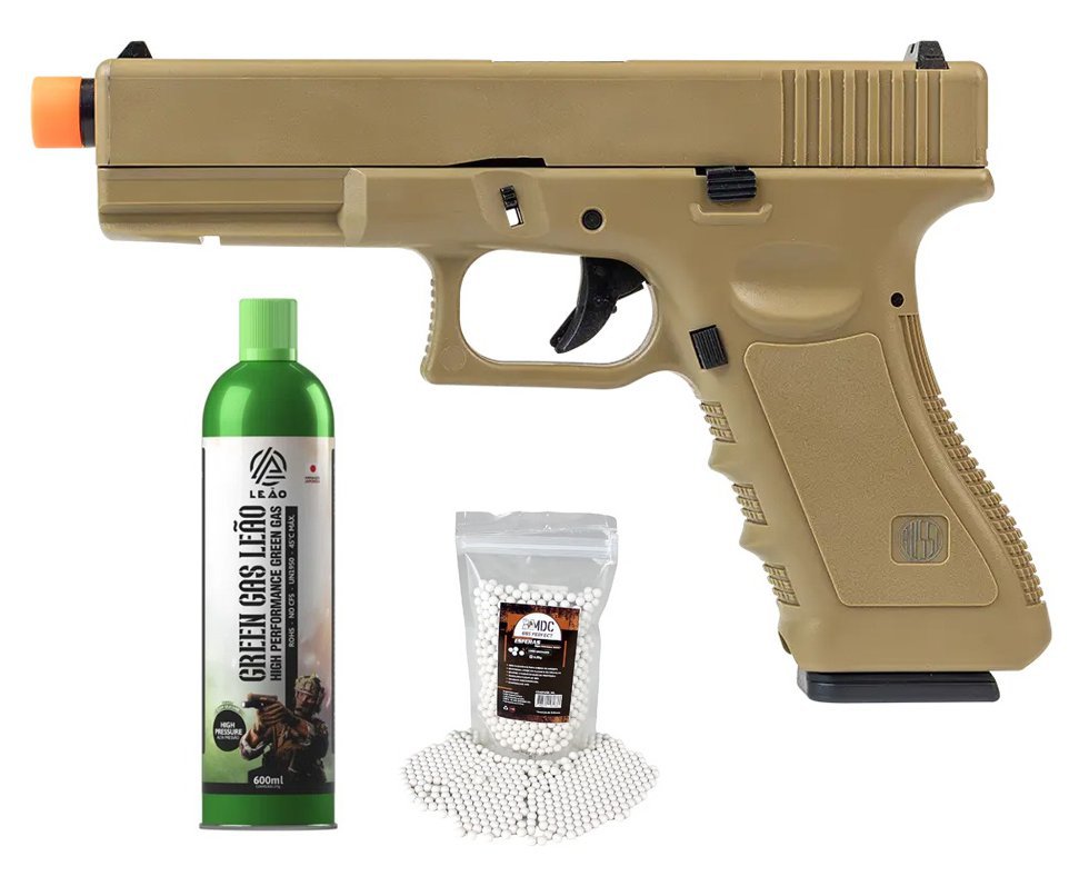 Pistola de Airsoft Green Gas V17 Tan Blowback 6mm - Rossi + GBB + BBS