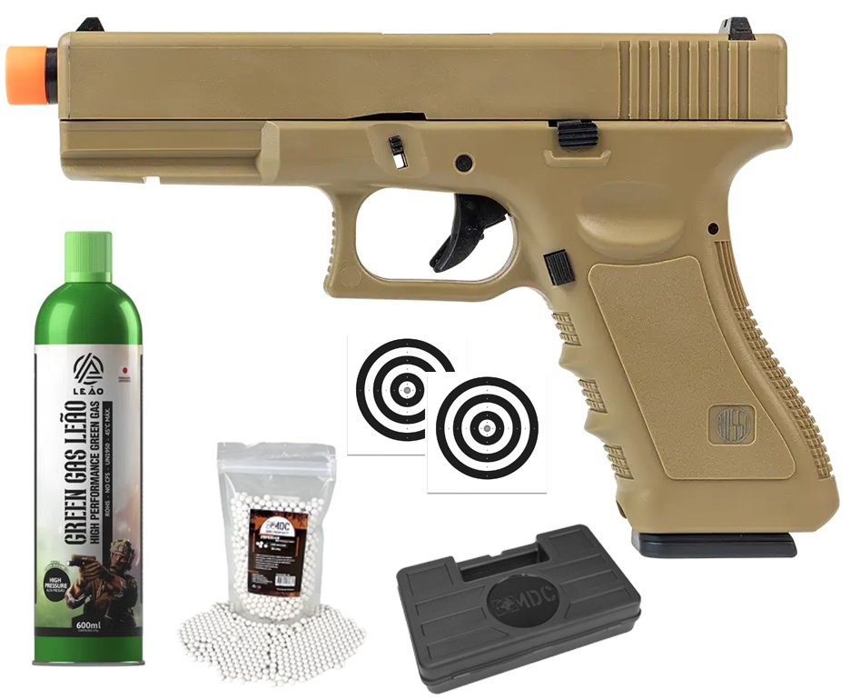 Pistola de Airsoft Green Gas V17 Tan Blowback 6mm - Rossi + GBB + BBS + Case + Alvos
