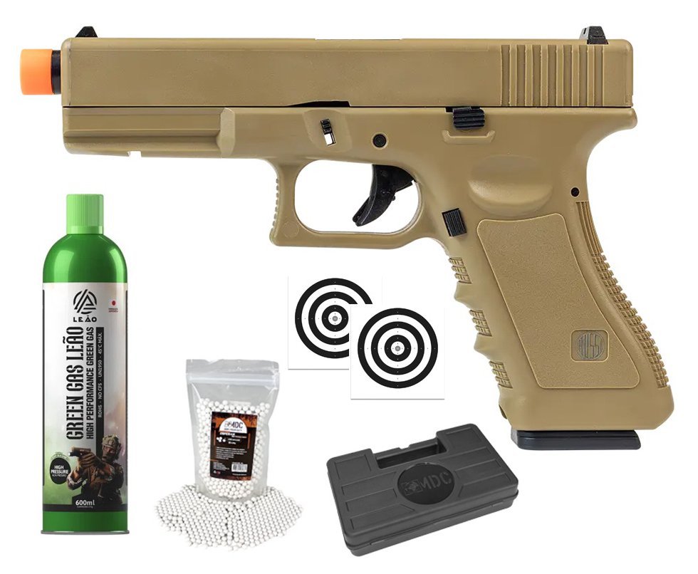 Pistola de Airsoft Green Gas V17 Tan Blowback 6mm - Rossi + GBB + BBS + Case + Alvos