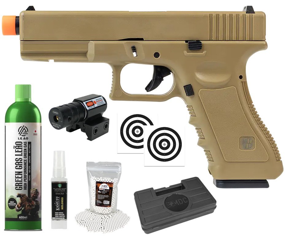 Pistola de Airsoft Green Gas V17 Tan Blowback 6mm - Rossi + GBB + BBS + Case + Alvos + Kamuff + Laser