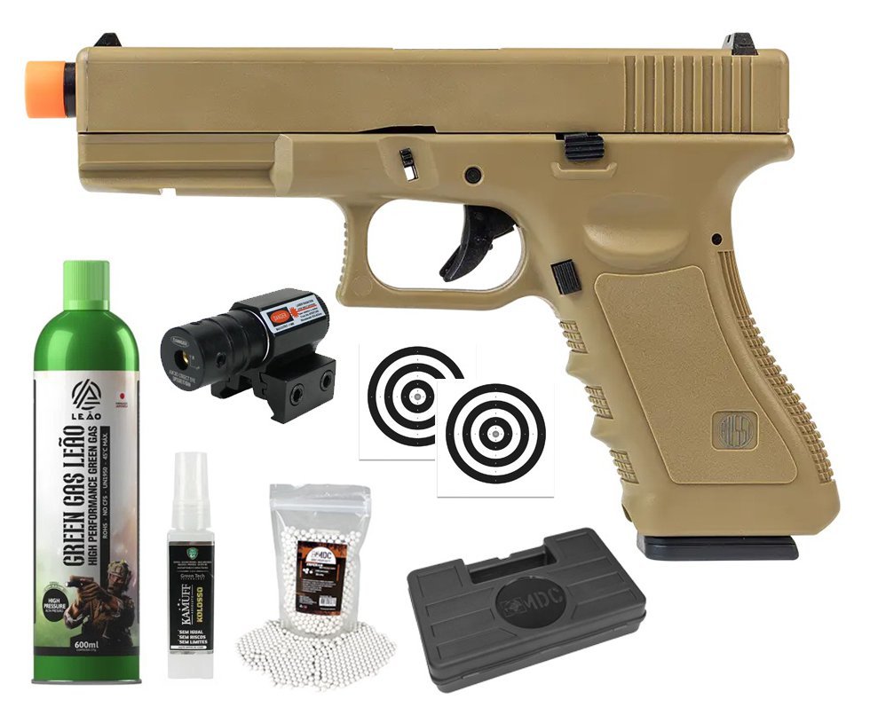 Pistola de Airsoft Green Gas V17 Tan Blowback 6mm - Rossi + GBB + BBS + Case + Alvos + Kamuff + Laser