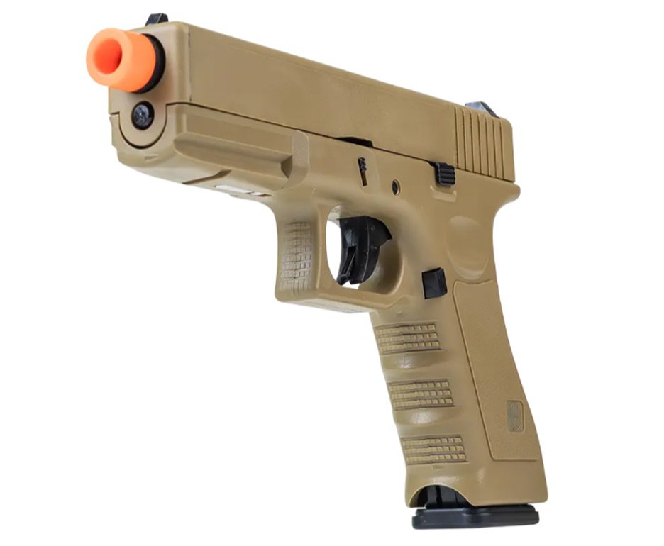 Pistola de Airsoft Green Gas V17 Tan Blowback 6mm - Rossi + GBB + BBS + Case + Alvos + Kamuff + Laser