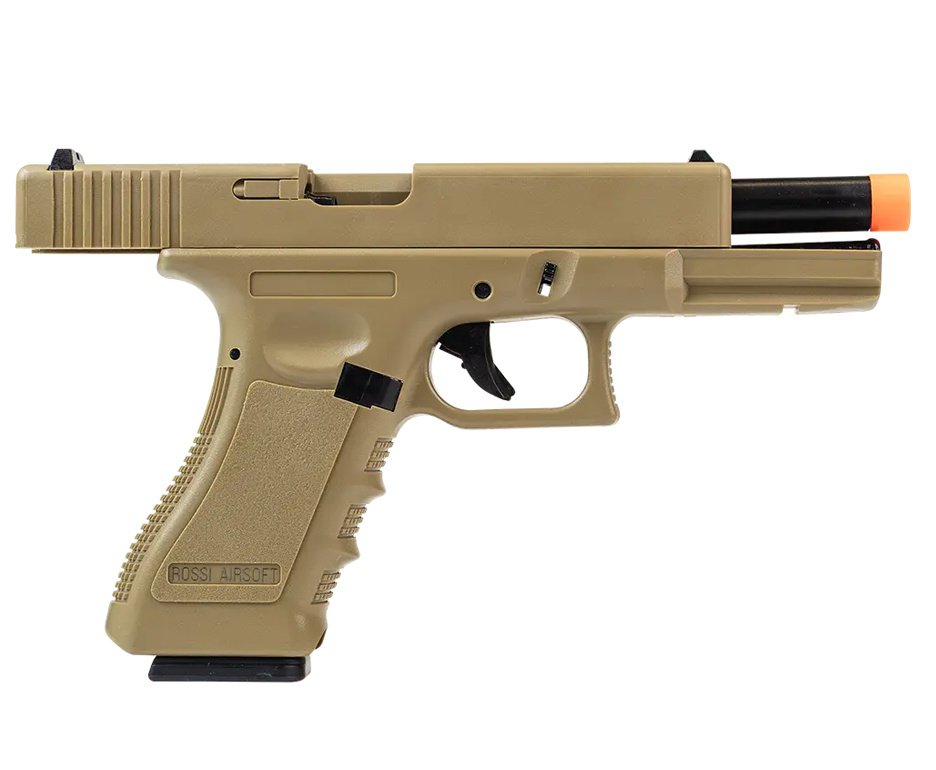Pistola de Airsoft Green Gas V17 Tan Blowback 6mm - Rossi + GBB + BBS + Case + Alvos + Kamuff + Laser