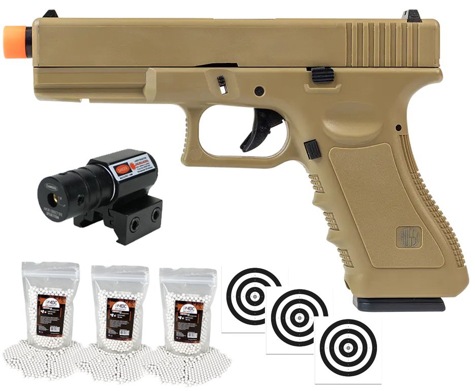 Pistola de Airsoft Green Gas V17 Tan Blowback 6mm - Rossi + GBB + BBS + Alvos + Laser