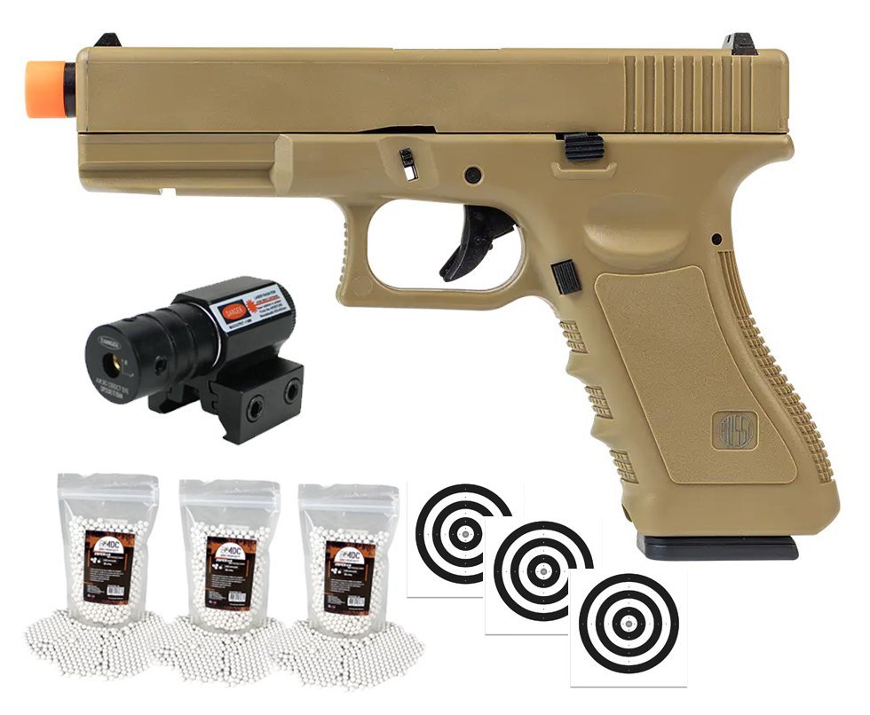 Pistola de Airsoft Green Gas V17 Tan Blowback 6mm - Rossi + GBB + BBS + Alvos + Laser