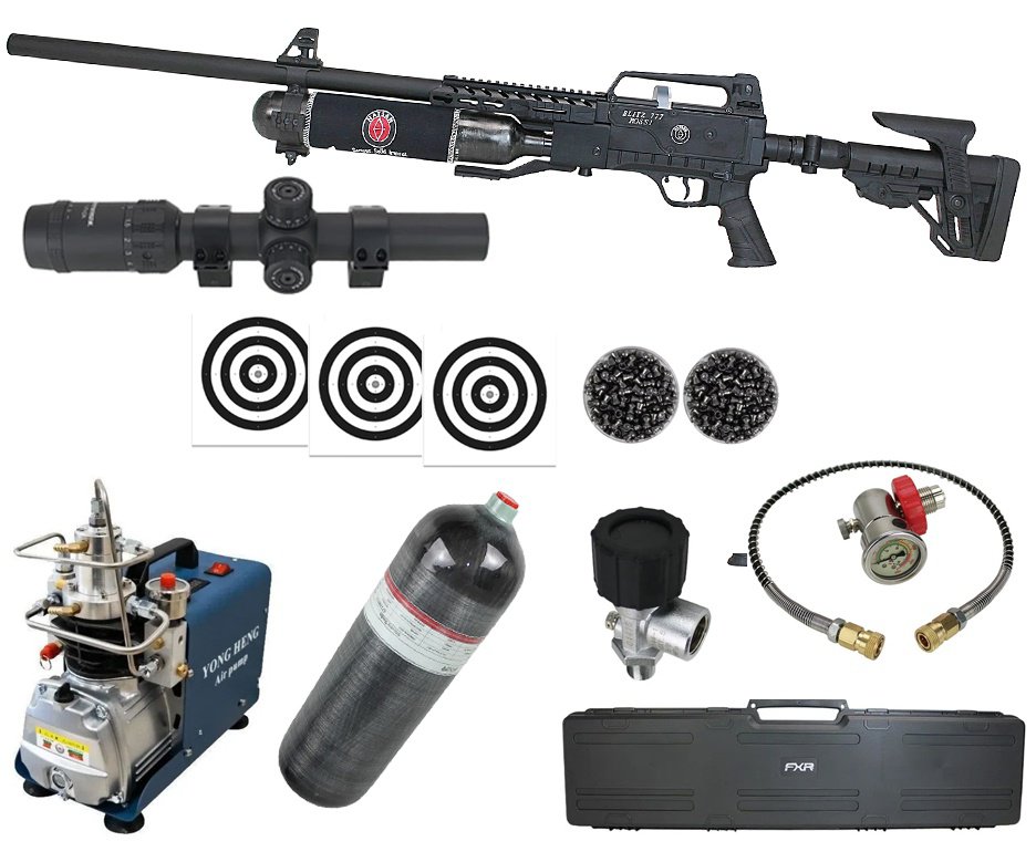 Carabina de Pressão PCP Hatsan Blitz 777 Full Auto 6.35mm - Hatsan + Luneta 1-7x24  + Chumbos + Alvos + Case + Compressor + Scuba 6,8 L