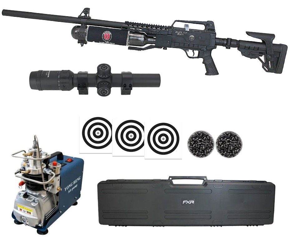 Carabina de Pressão PCP Hatsan Blitz 777 Full Auto 6.35mm - Hatsan + Luneta 1-7x24  + Chumbos + Alvos + Case + Compressor