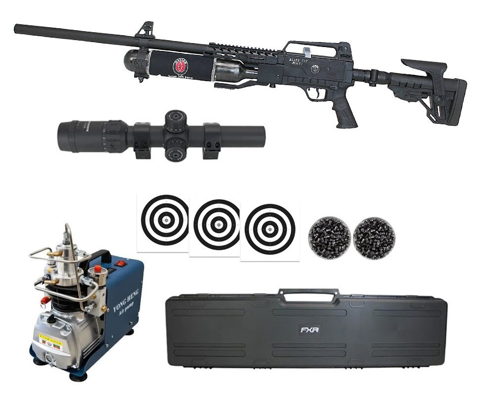 Carabina de Pressão PCP Hatsan Blitz 777 Full Auto 6.35mm - Hatsan + Luneta 1-7x24  + Chumbos + Alvos + Case + Compressor